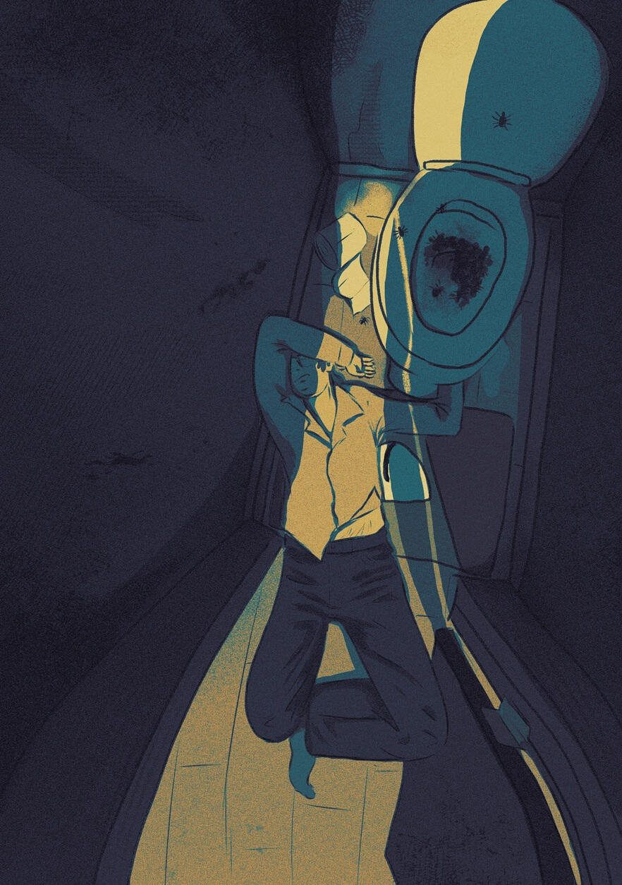 Ford lying on his back halfway in the bathroom with his arm draped over his head. It is dark with light streaming in from the open door. In the toilet there are spiders. Rug on the floor is an image of Bill, his eye looking up.