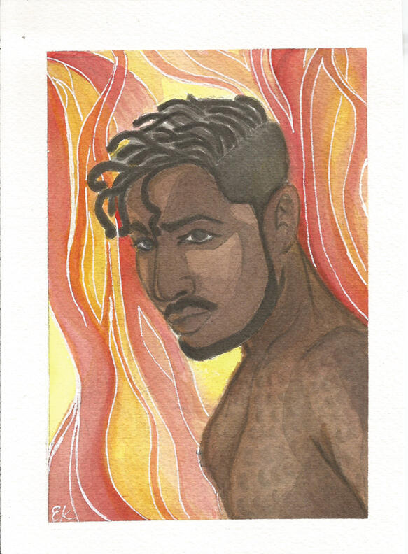 Killmonger looks forward with bright illustrative flames behind him.