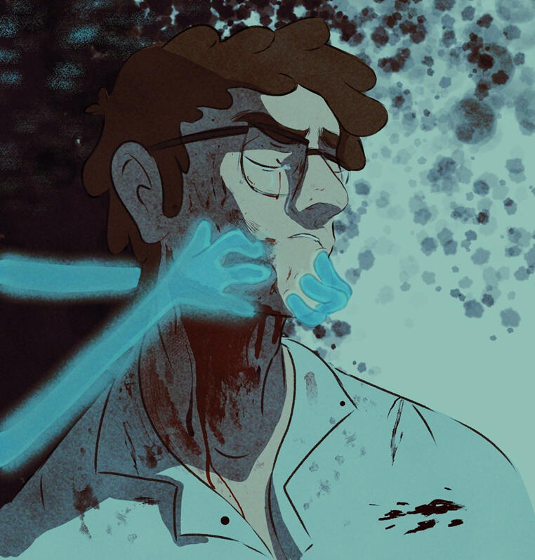 Ford has his eyes closed with his head turned. Bill's ethereal hands grasp his jaw and face. He is crying and blood is splattered across his face and drips down his neck. His shirt is unbuttoned at the top and stained with blood.