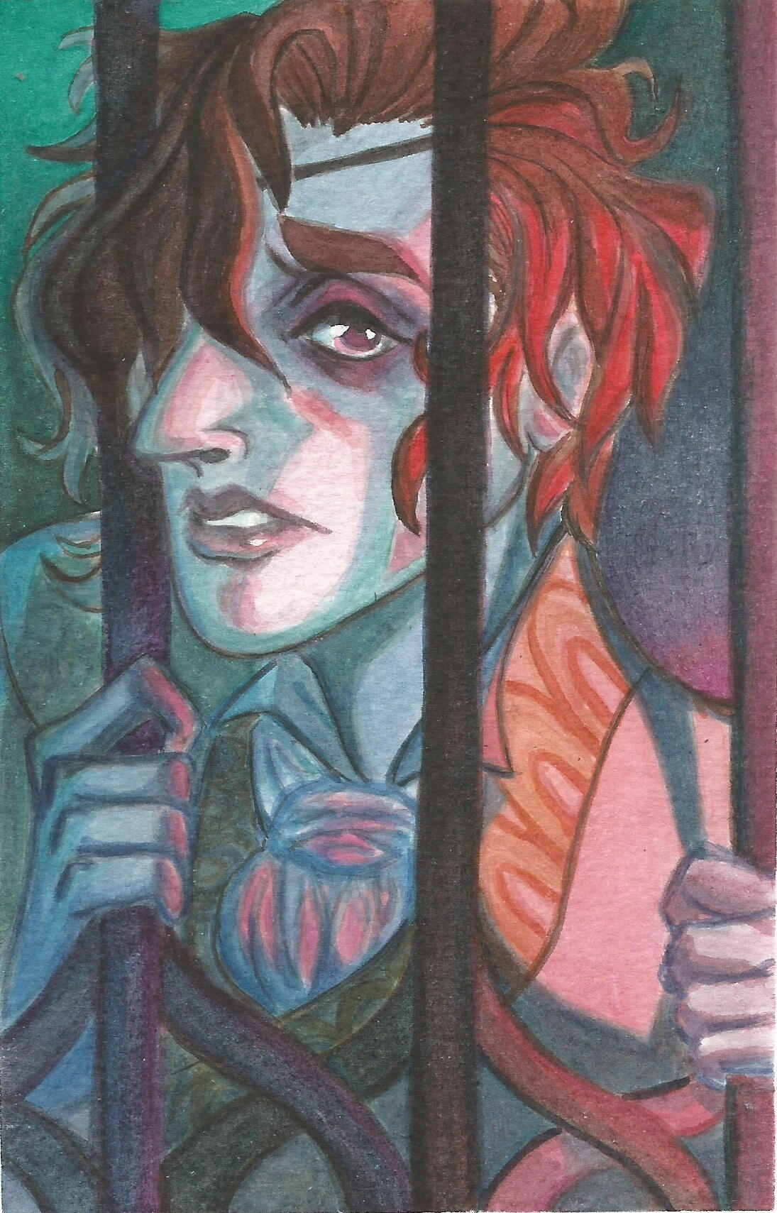 Julian looks through the bars of the elevator holding on tightly.