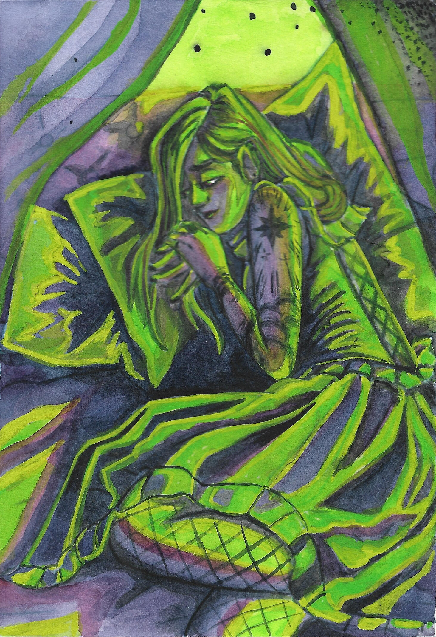 Femme person curled on a bed laying on pillows. They are wearing a dress with ruffles on the hem and collar. On their arm is a star tattoo with clouds. The lighting is vibrant lime green casting purple shadows.