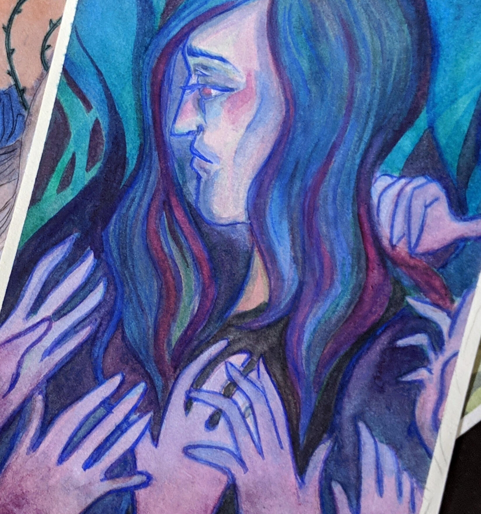 Profile view of a person surrounded by hands reaching for them.
