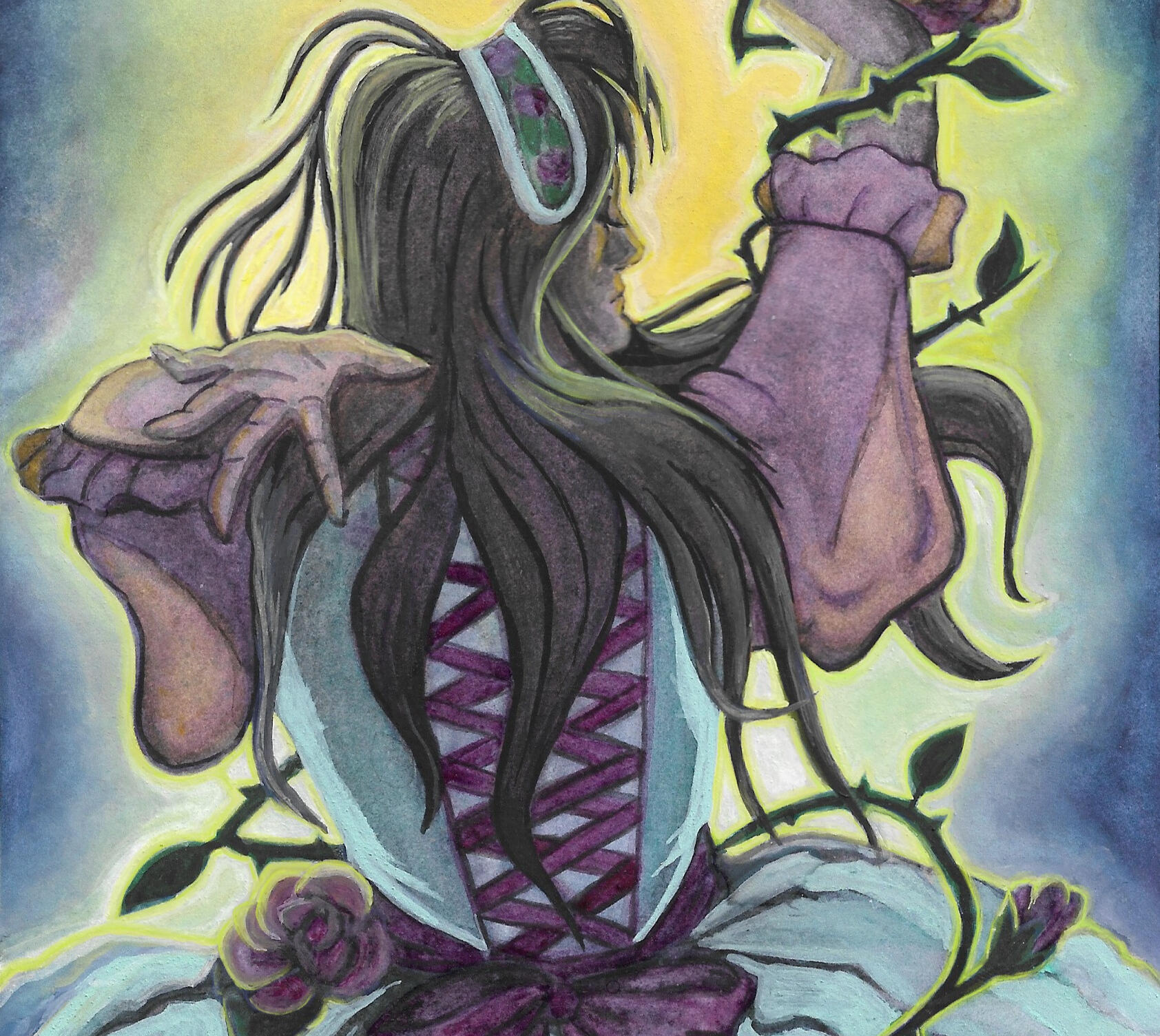 Femme figure standing with her back towards the viewer looking to her right. Her brown hair flows around her face. There is a light shining intensely casting a glow around her figure. A thorny rose vine grows around her waist and up her arm.