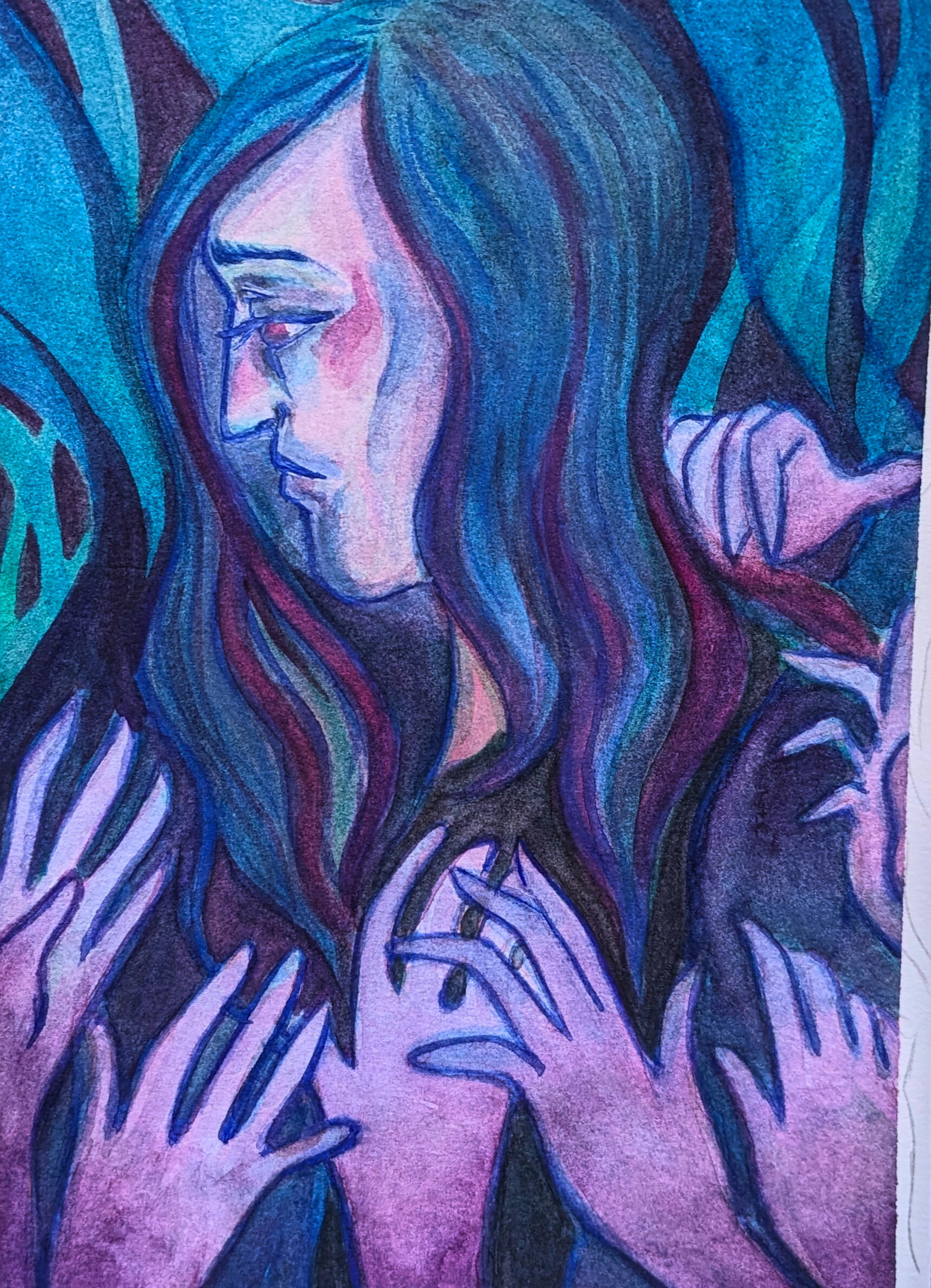 Profile view of a person surrounded by hands reaching for them.
